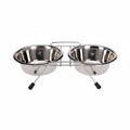 Stainless steel double-dish pet feeder on a white background