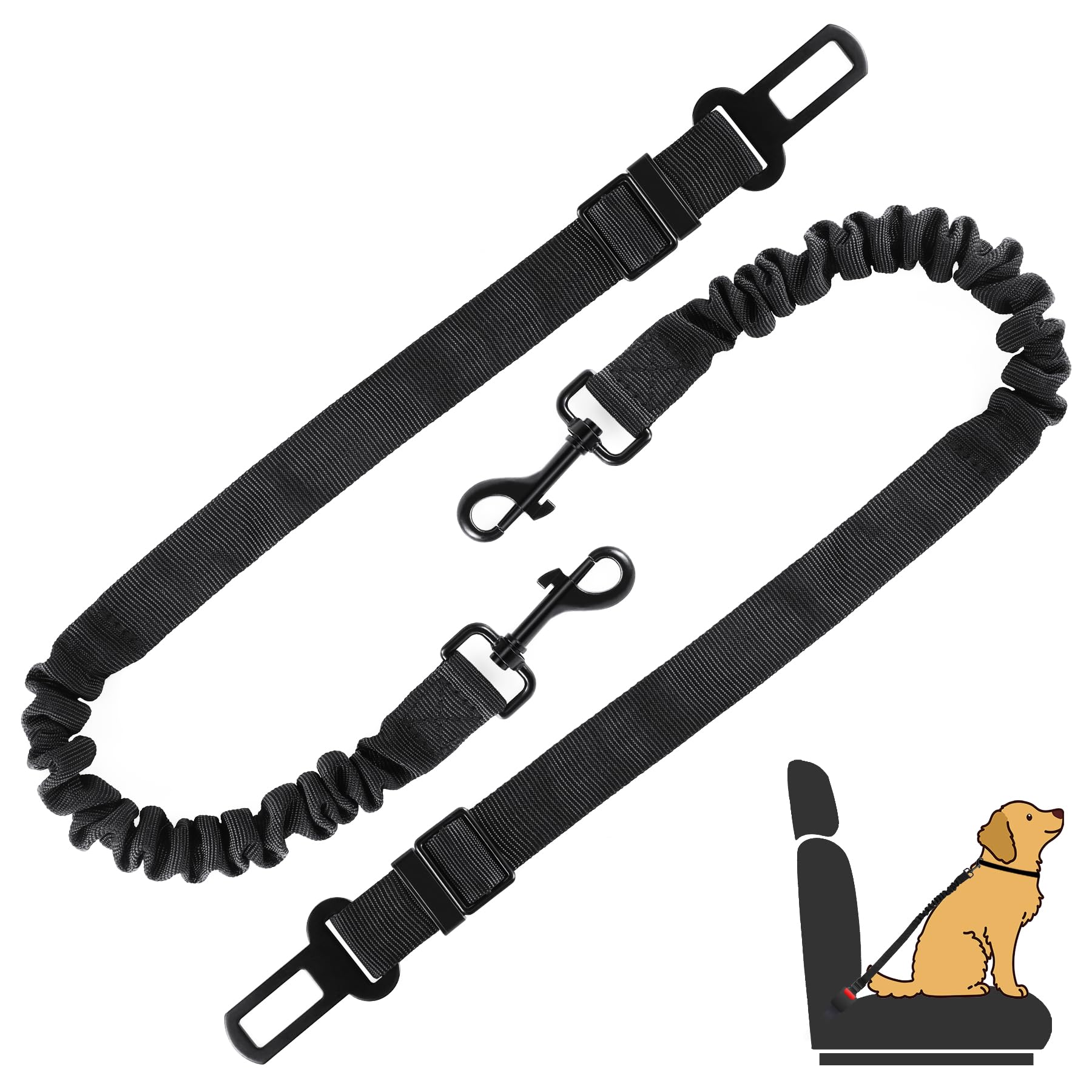 Black dog leash with clip and car seat belt attachment on a white background