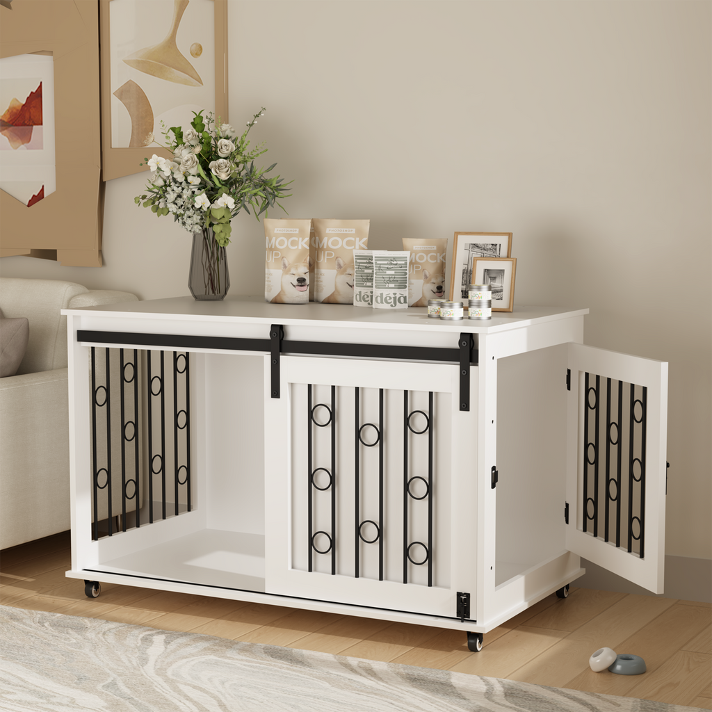 Modern Wooden Dog Crate Furniture with Sliding Barn Door – Indoor Pet Kennel