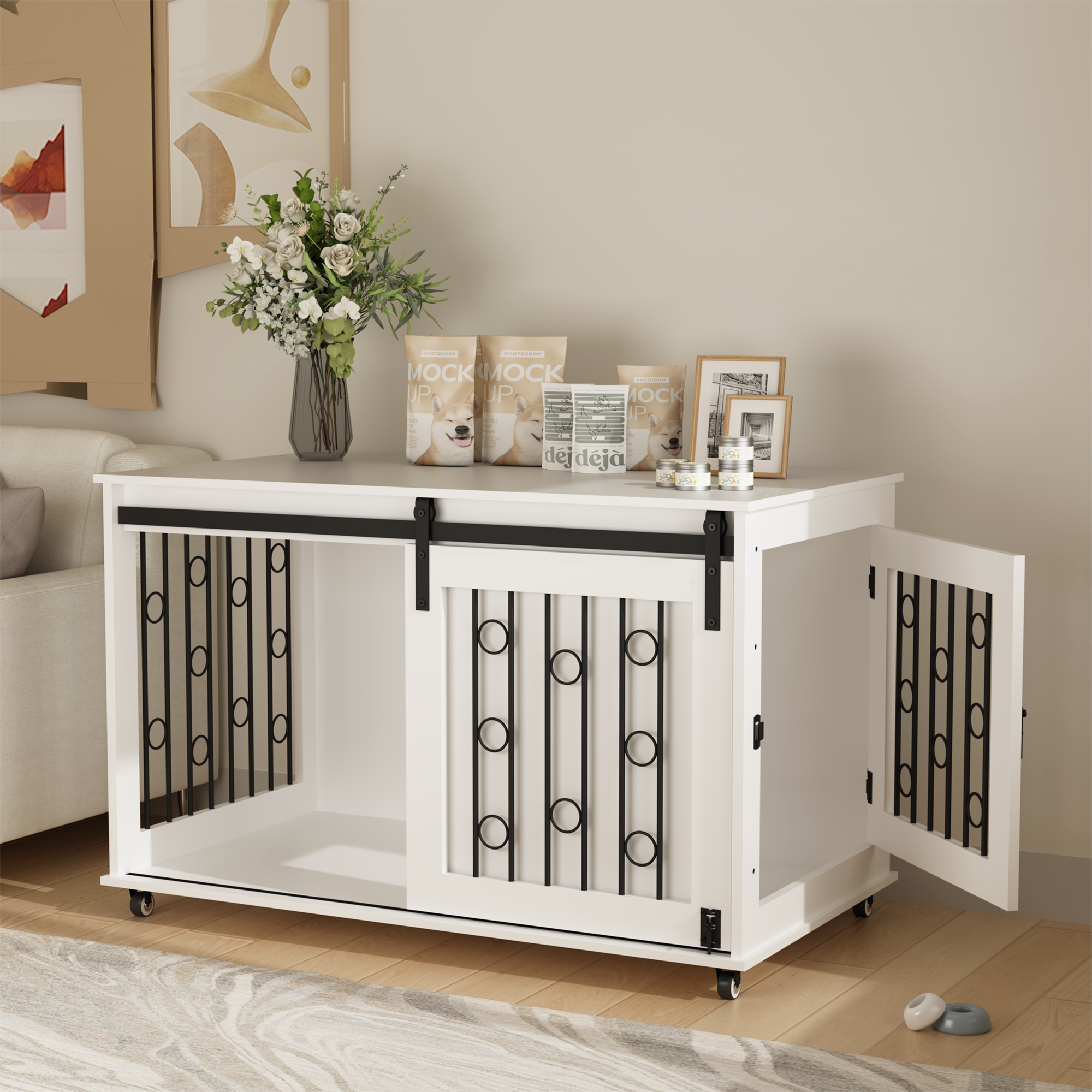 Modern Wooden Dog Crate Furniture with Sliding Barn Door – Indoor Pet Kennel