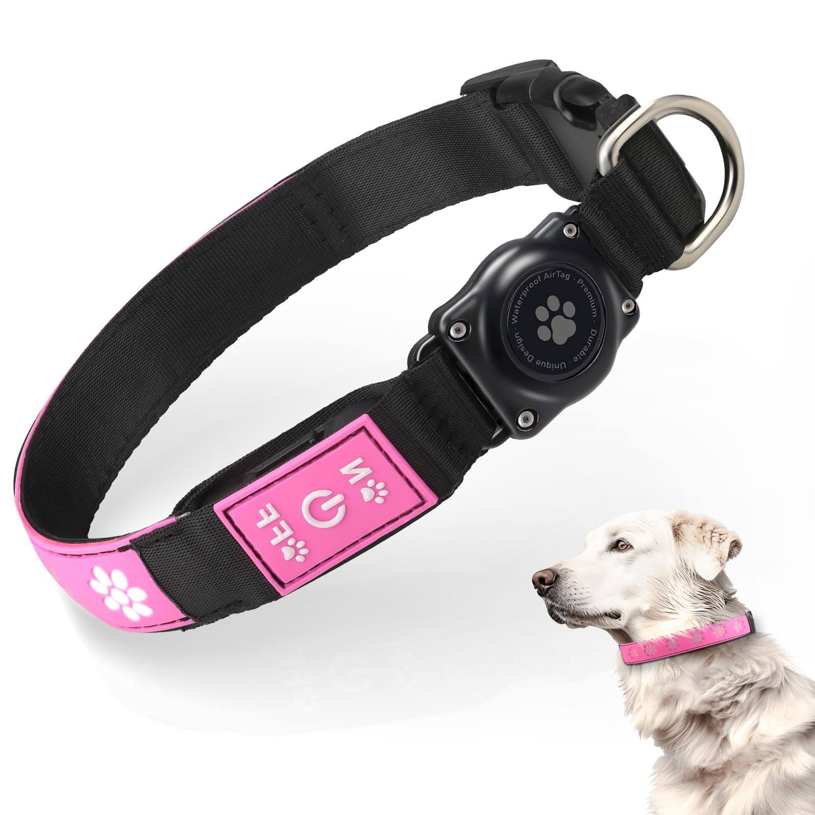 Black and pink dog collar with a control button, featuring a dog wearing the collar.