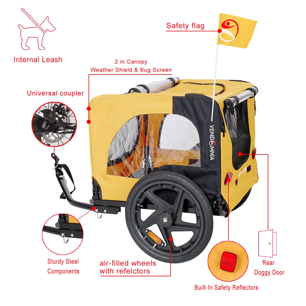 Foldable Dog Bicycle Trailer & Pet Stroller — 88lb Rated, Weatherproof, 16" Pneumatic Wheels (Yellow)