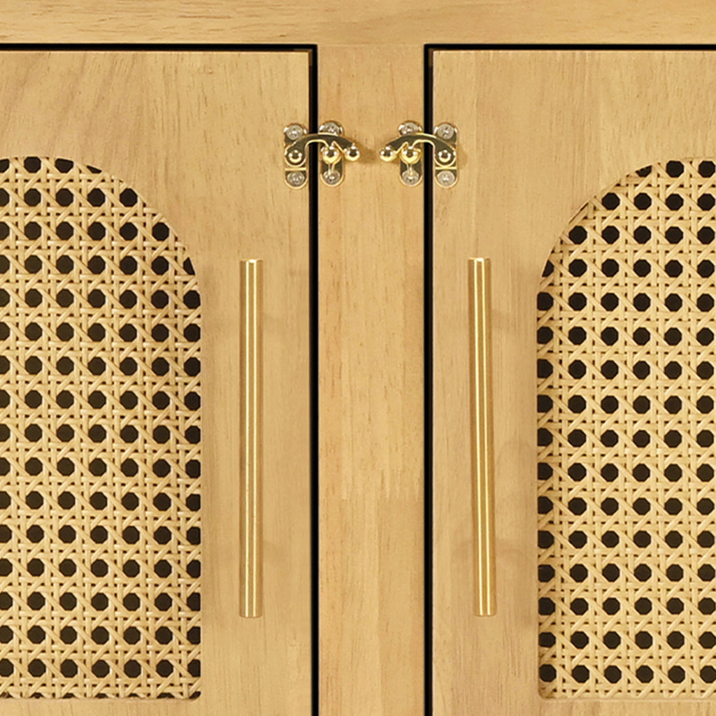 Wooden cabinet with decorative handles and rattan accents