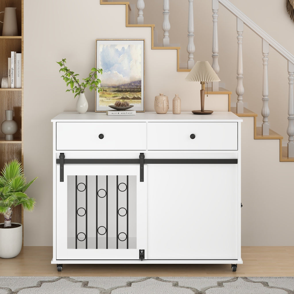 Modern Wooden Dog Crate Furniture with Sliding Barn Door – Indoor Pet Kennel