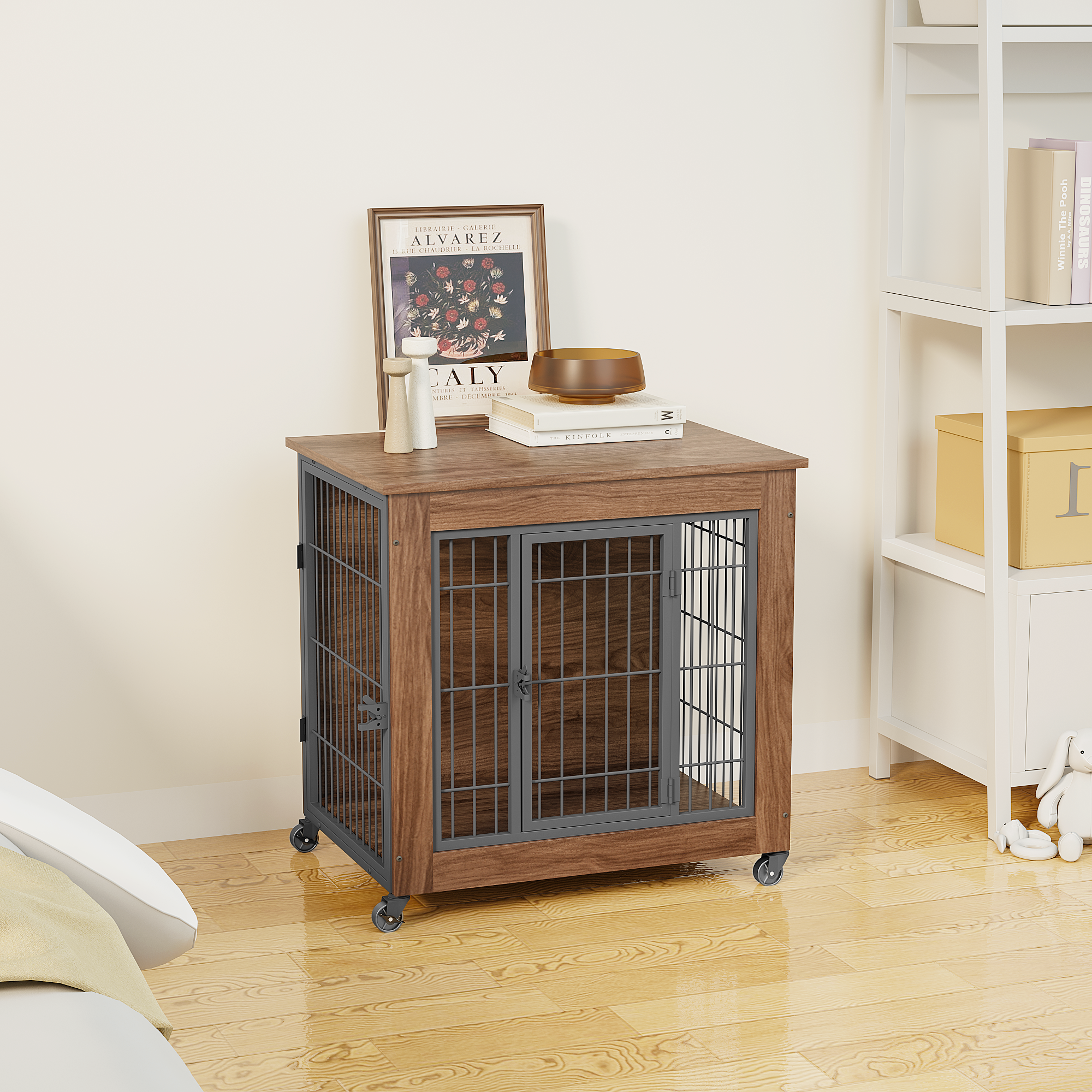 Wooden pet crate with metal grid doors in a room setting