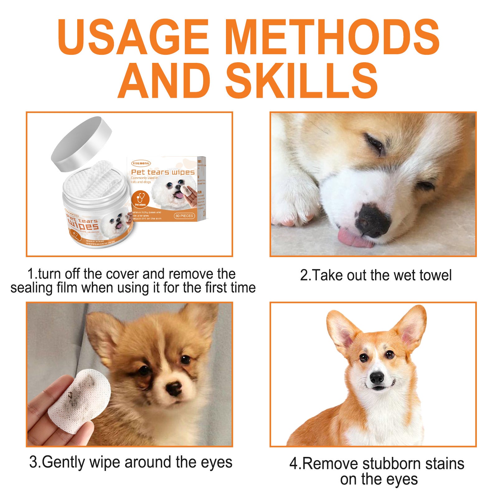 Instructions for using pet tear wipes with images of a dog and a person applying the wipes.
