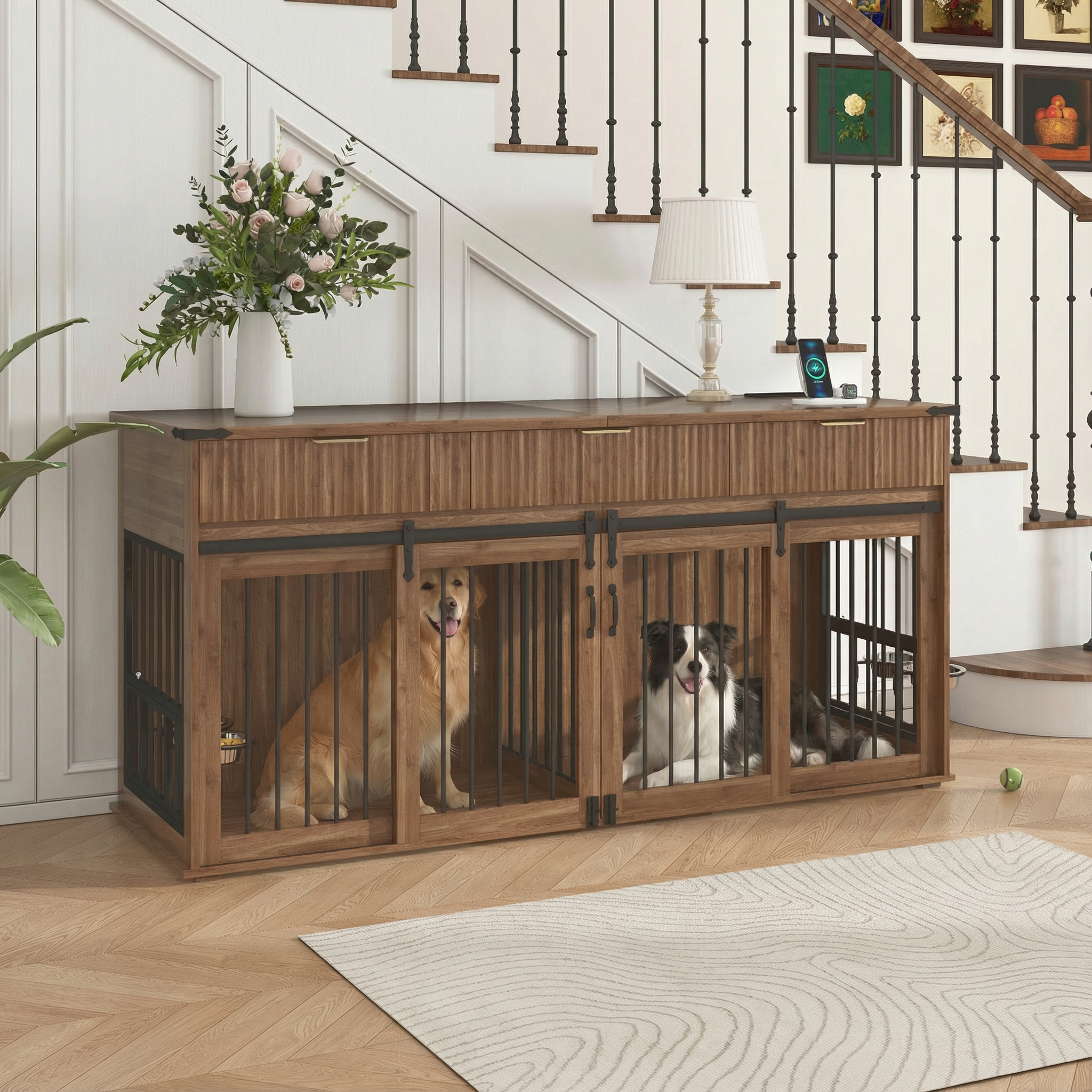 71" Double Dog Crate Furniture with Fluted Drawers, Feeders & Power Station