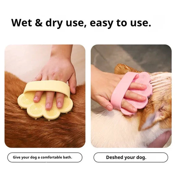 Two images showing a yellow and pink pet grooming tool being used on a dog's fur.