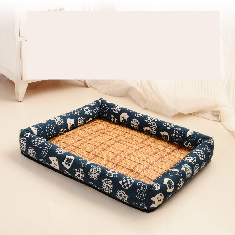 Dog bed with blue patterned exterior and wooden surface interior on a white floor.