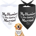Two dog bandanas with 'My Humans Are Getting Married' text and a dog wearing one of them.