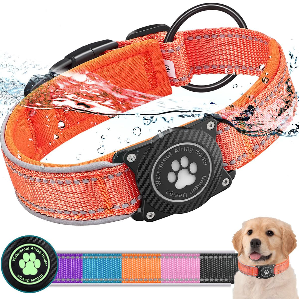 Orange dog collar with airbag mechanism on a white background, featuring water droplets.