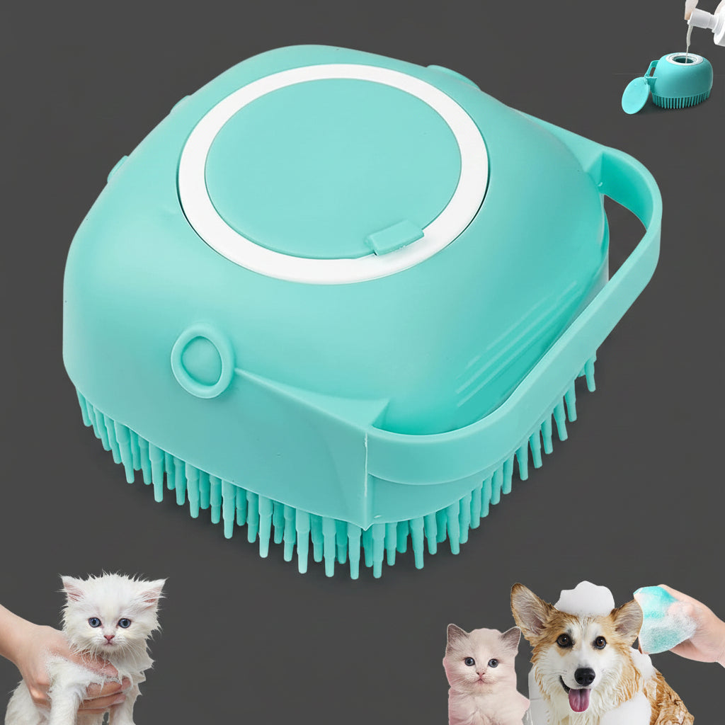 Pet grooming brush with a pump, shown with insets of a cat and dog being groomed.
