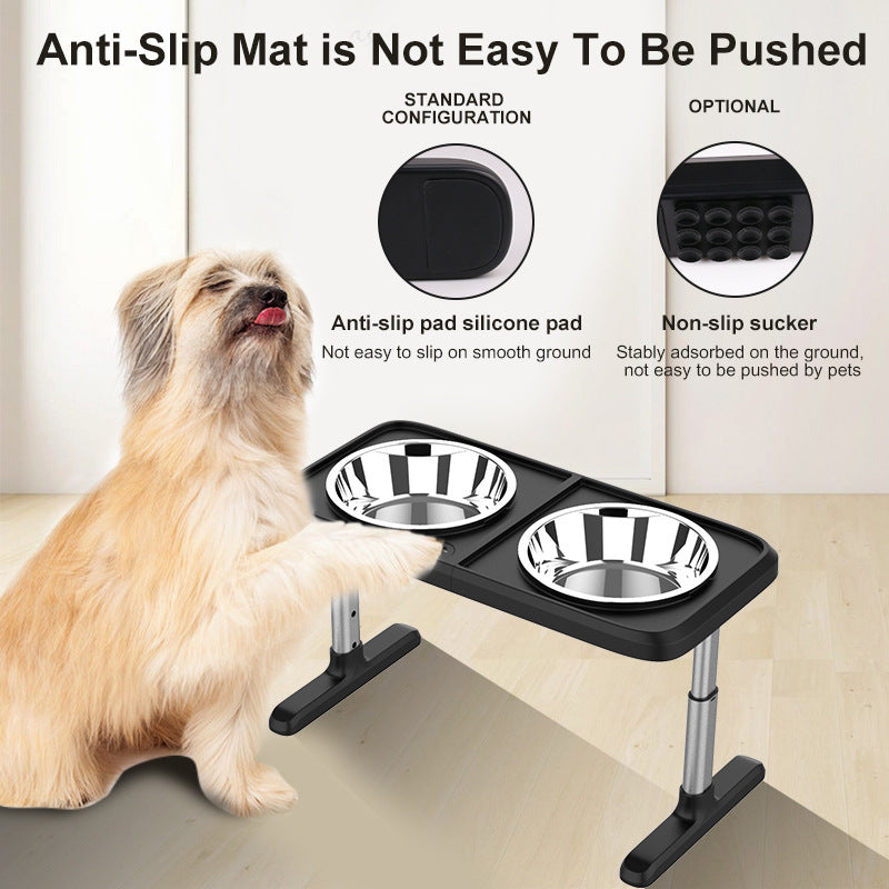 Dog using a raised pet feeder with anti-slip features on a light-colored floor.