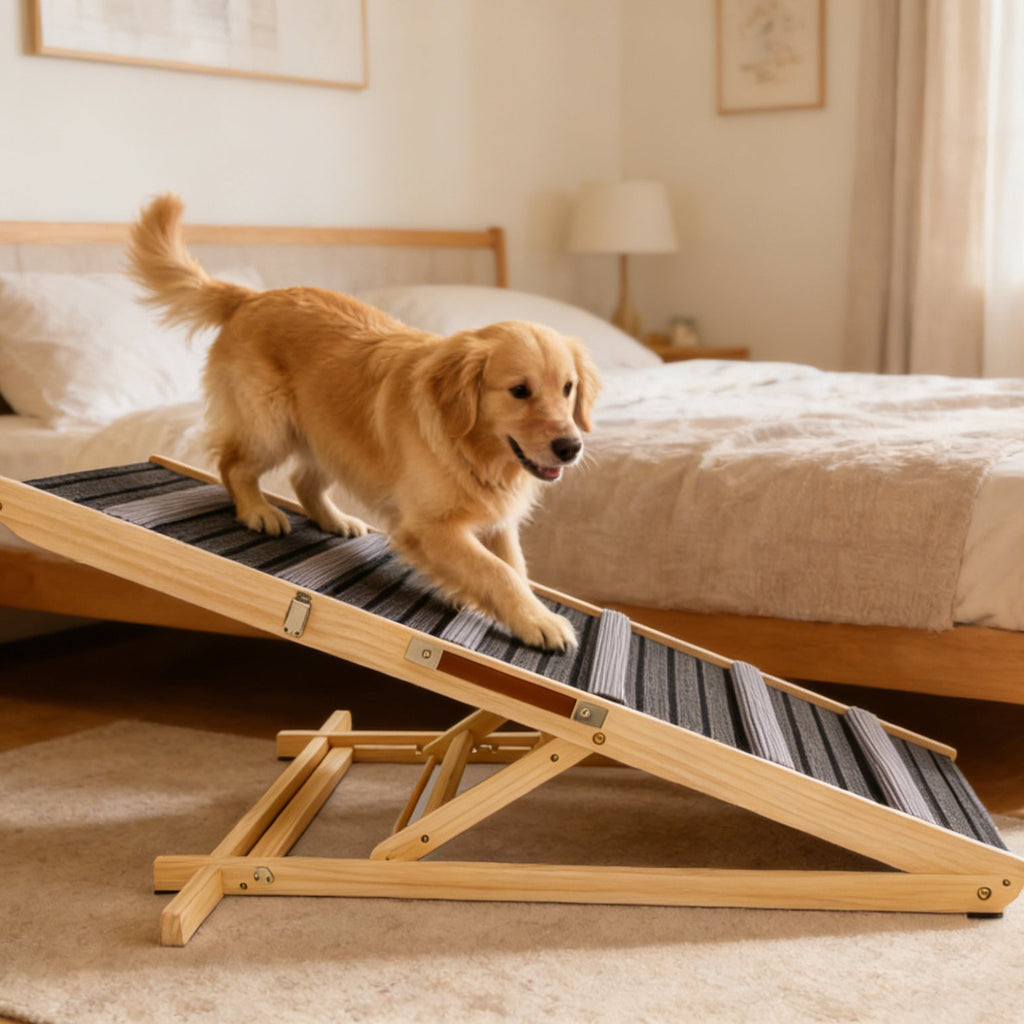 Dog using a pet ramp to climb onto a bed in a cozy bedroom.