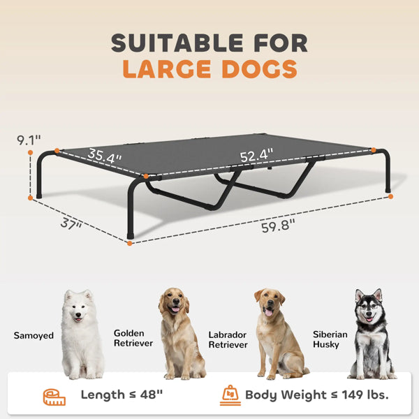 Dog bed with dimensions and suitability for large dogs, featuring four breeds.