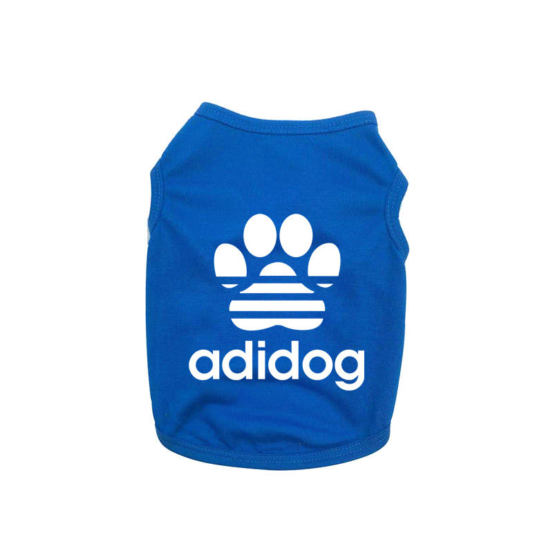 Blue pet shirt with white paw print and 'adidog' text on a white background