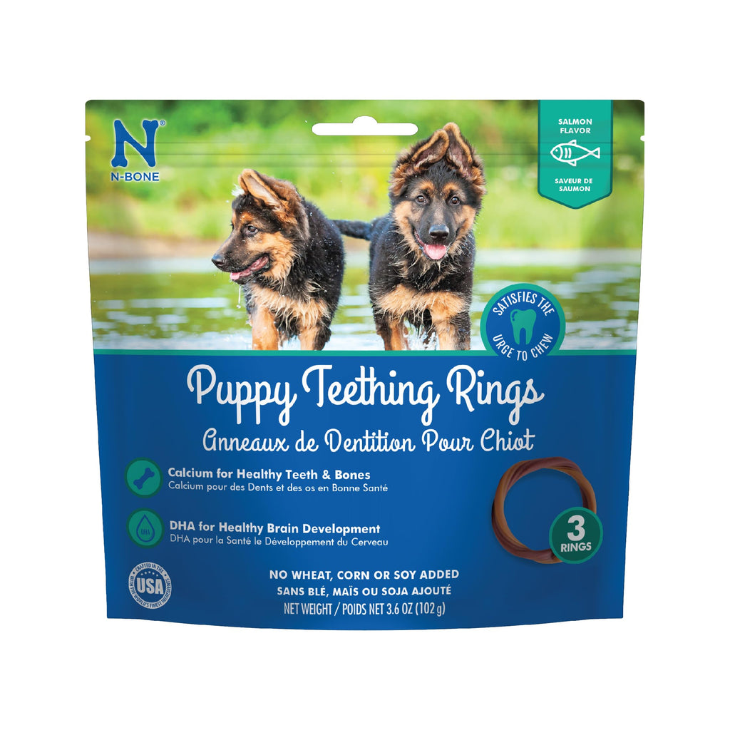 N-Bone Puppy Teething Rings packaging with two puppies by a pond on a blue background