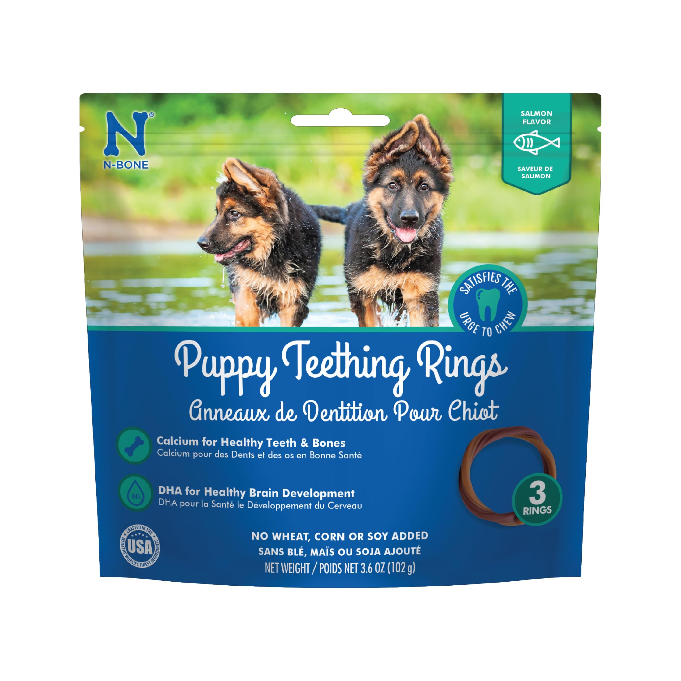 N-Bone Puppy Teething Rings packaging with two puppies by a pond on a blue background