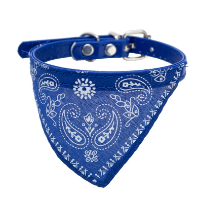 Blue bandana with white paisley pattern on a white background