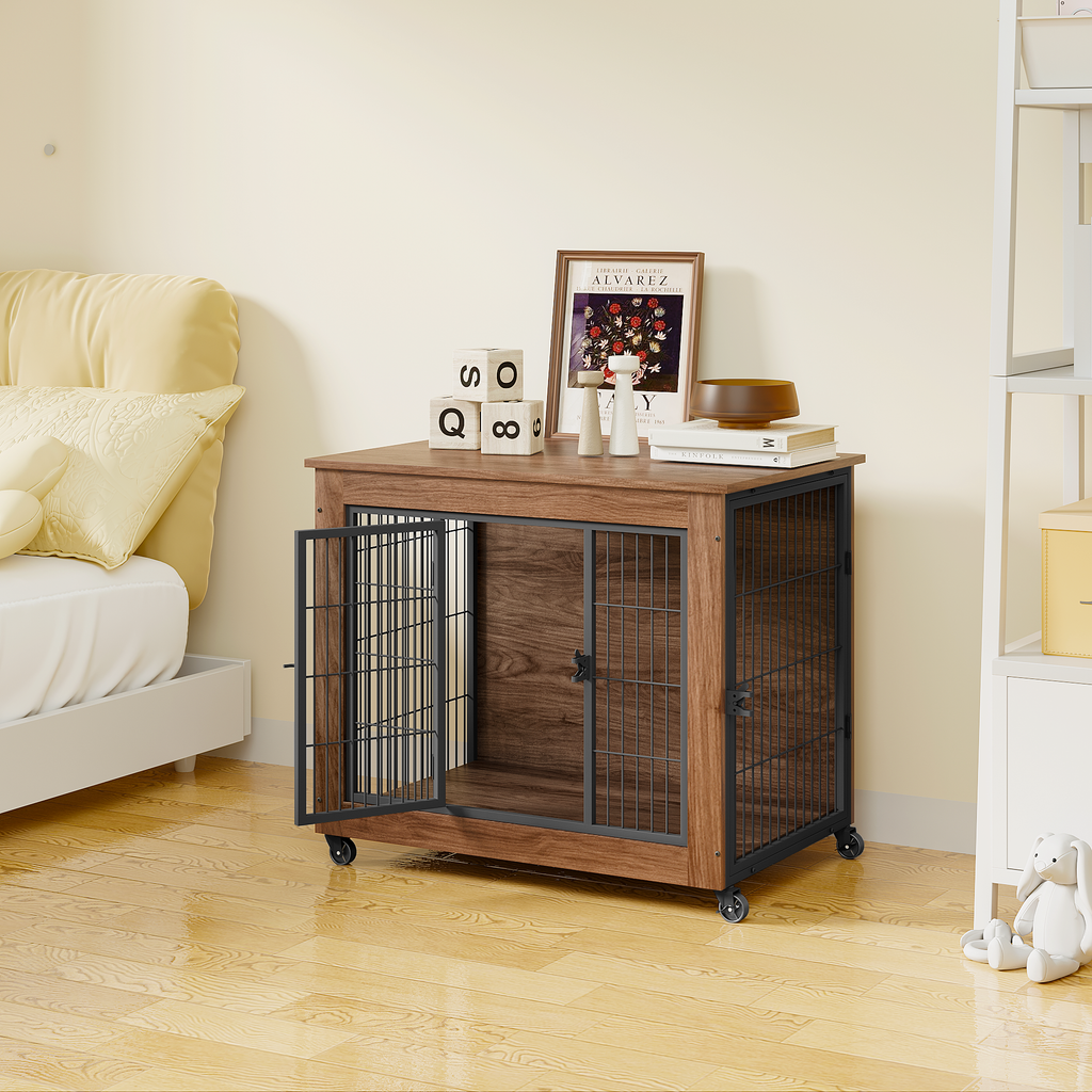 Wooden pet crate with metal bars in a bedroom setting