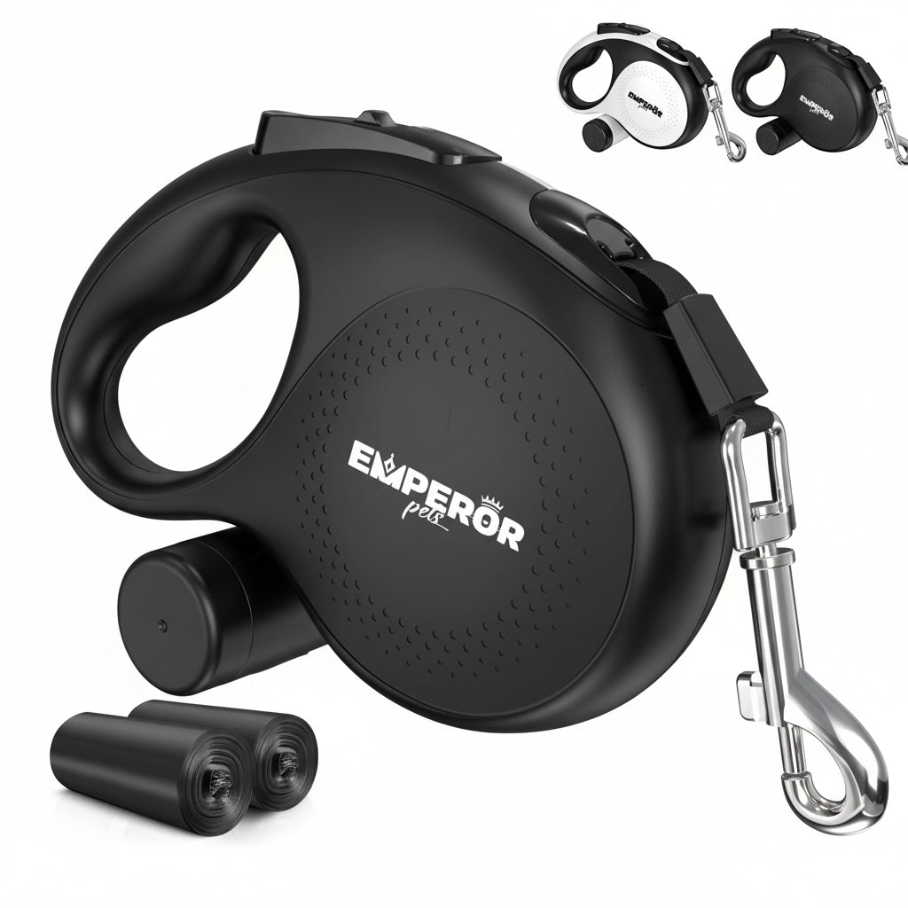 Black retractable dog leash with handle and carabiner, featuring Emperor Pets branding.