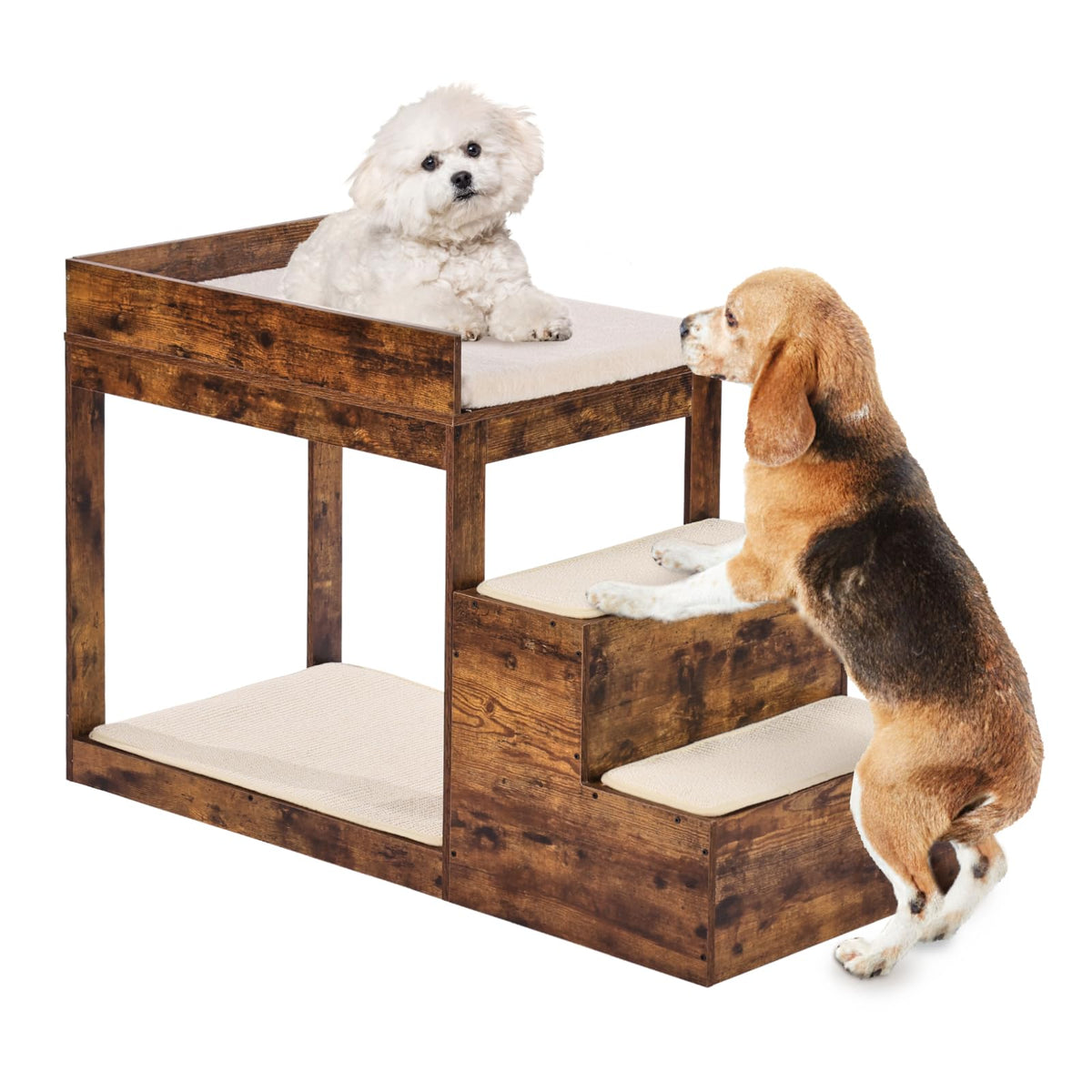 VEVOR 3-Step Pet Bunk Bed & Window Perch — Solid Wood, Sisal Steps, Washable Mattress (Dark Brown)