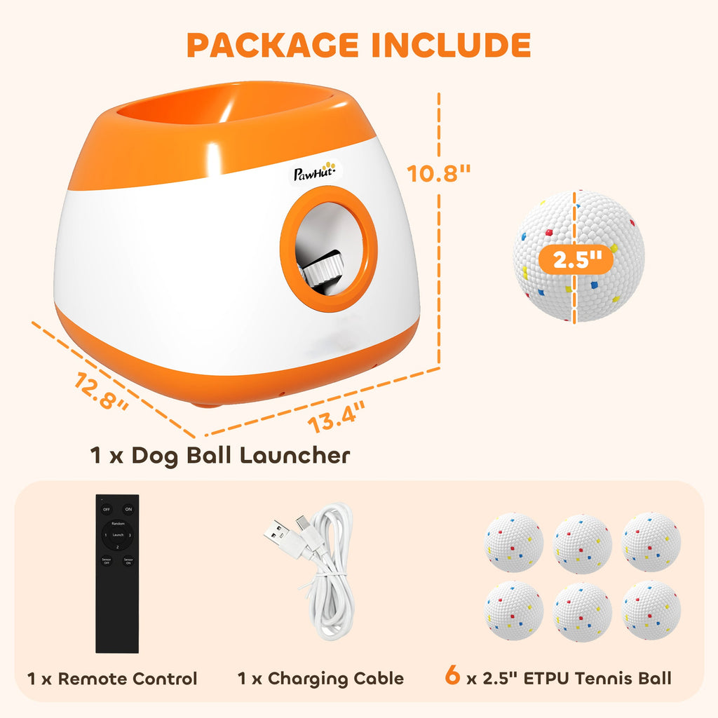 Dog ball launcher with remote control, charging cable, and tennis balls on a beige background