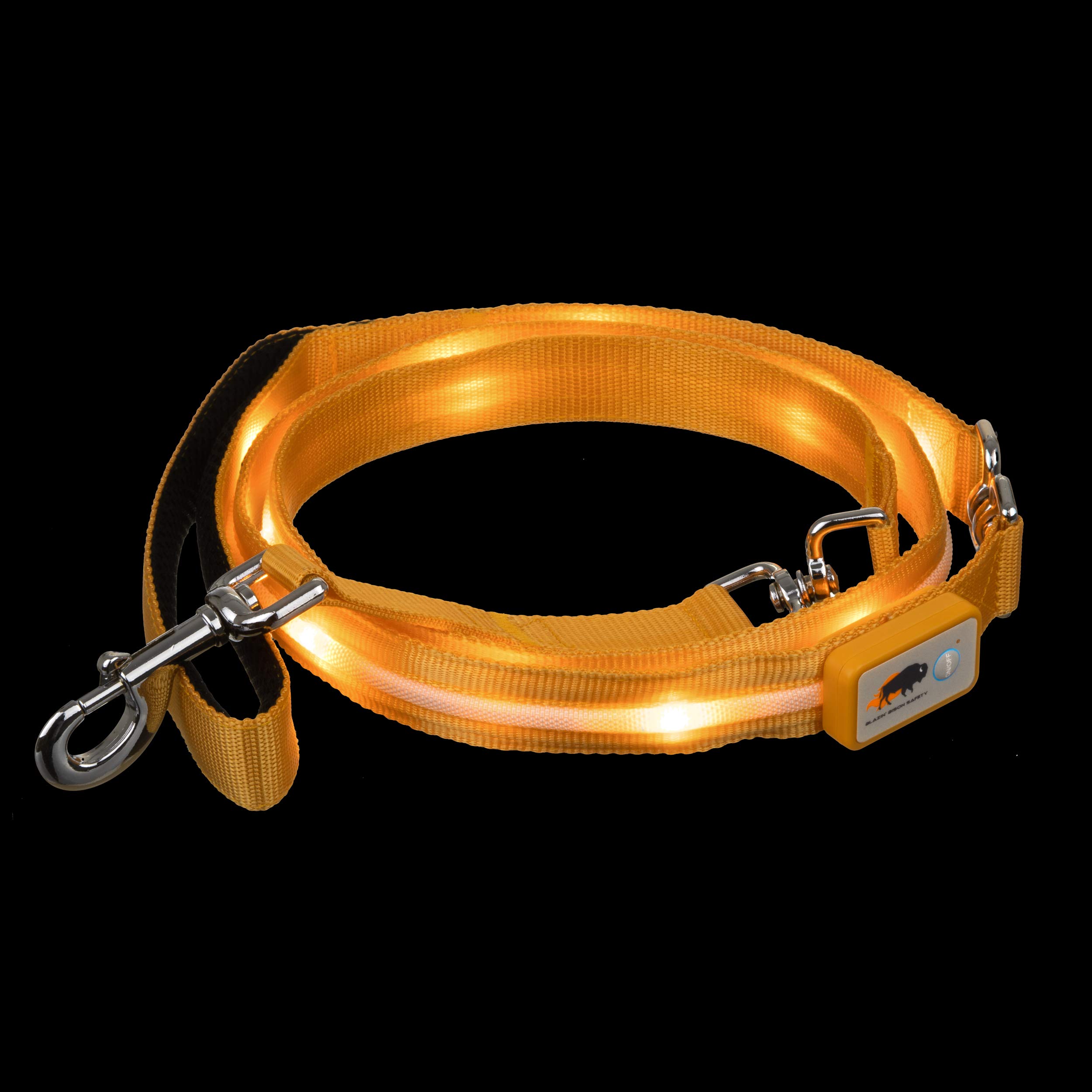 Orange dog leash with metal clip on a black background