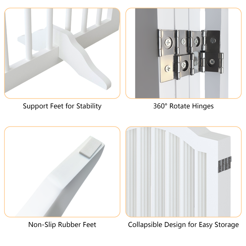 Product features including support feet, rotate hinges, non-slip rubber feet, and collapsible design.