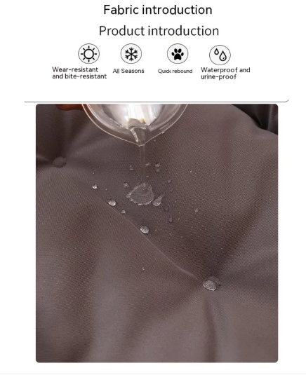 Fabric with water droplets being poured onto it, featuring text on fabric properties.