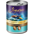 Can of Zignature Whitefish Formula pet food with a blue and purple label.