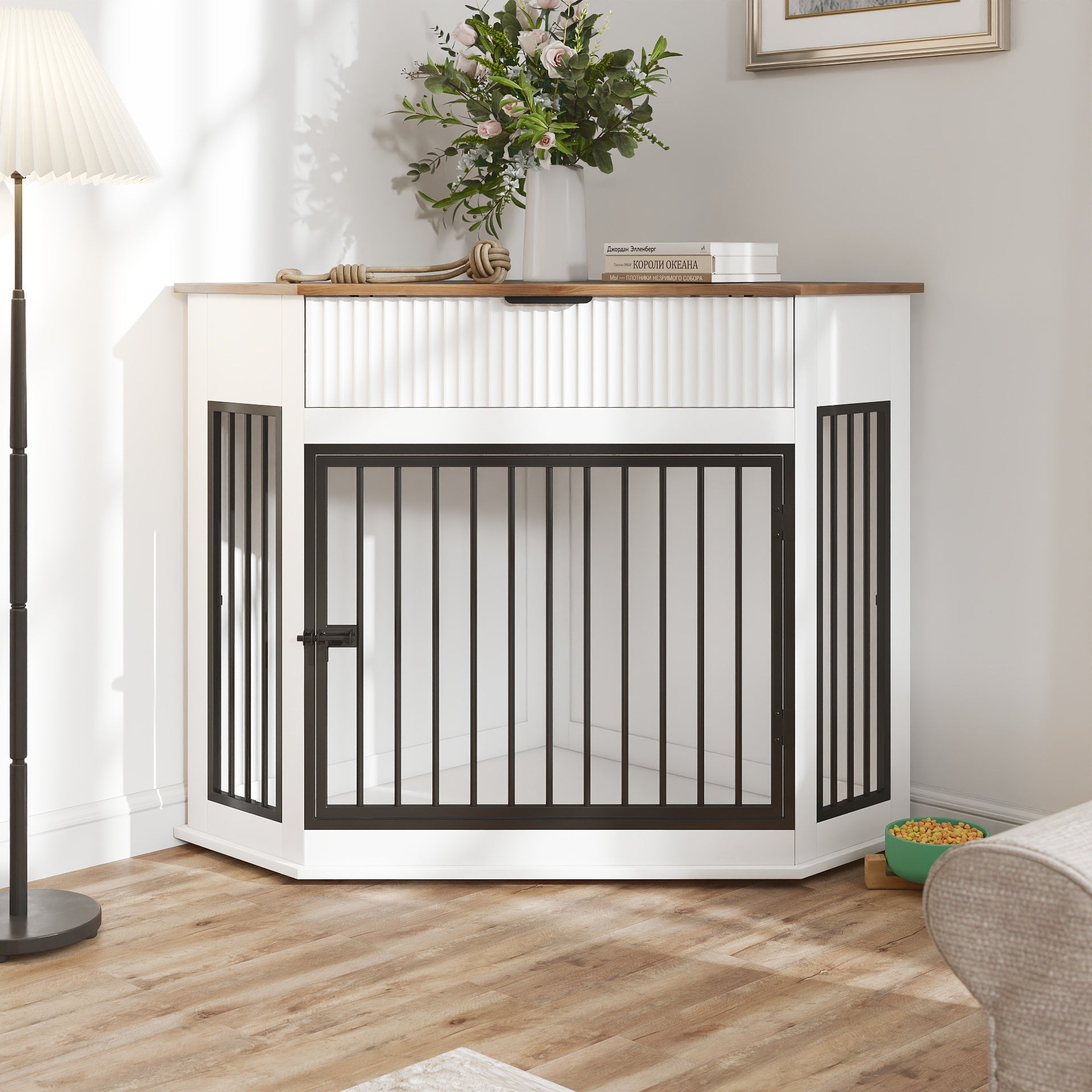 Corner Dog Crate Furniture with Fluted Drawer 