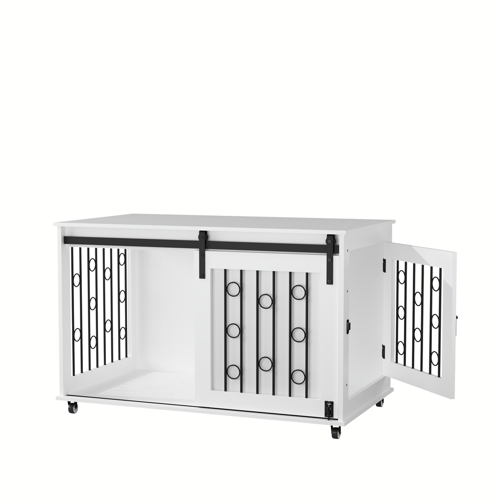 Modern Wooden Dog Crate Furniture with Sliding Barn Door – Indoor Pet Kennel