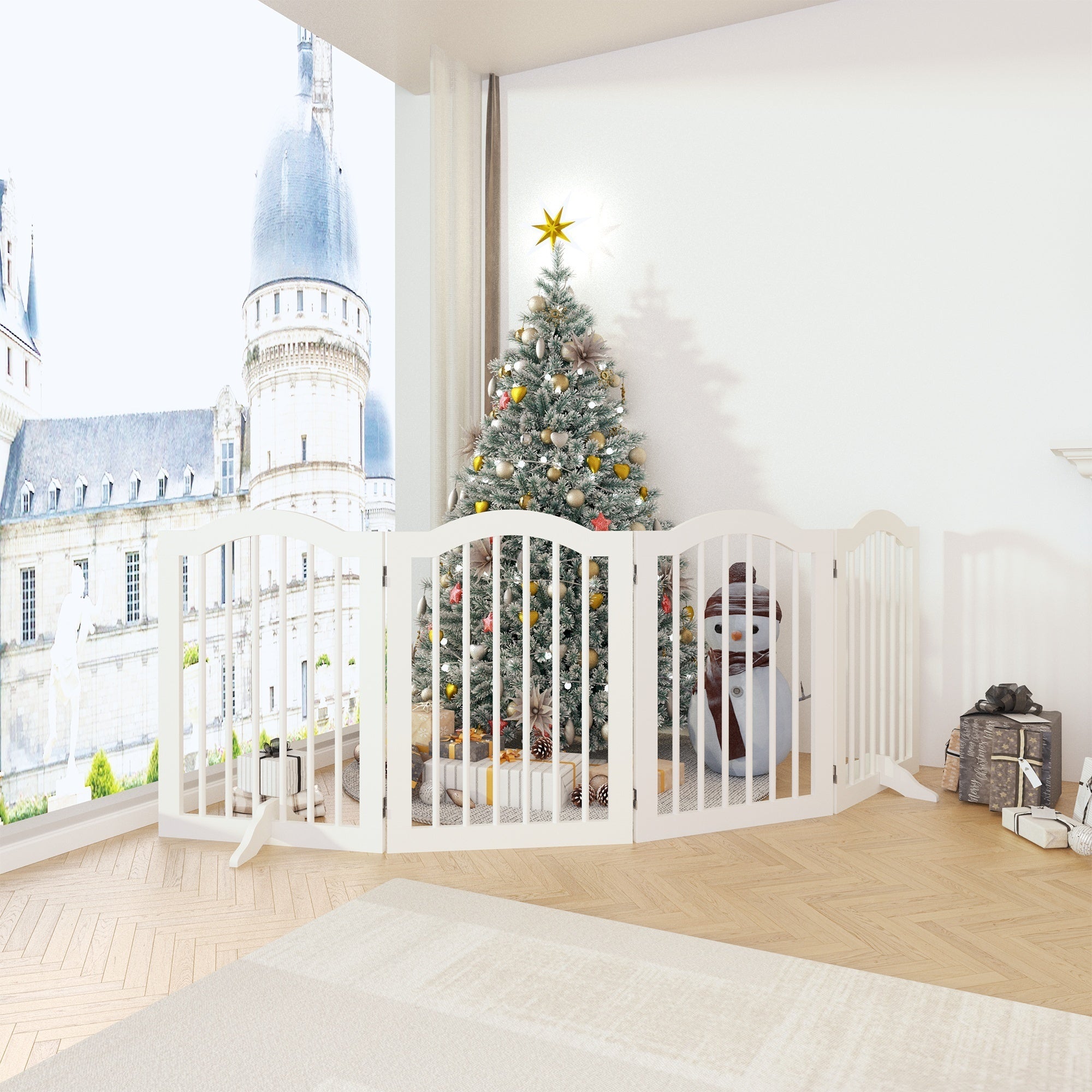 White pet gate in a room with a Christmas tree and large window view.