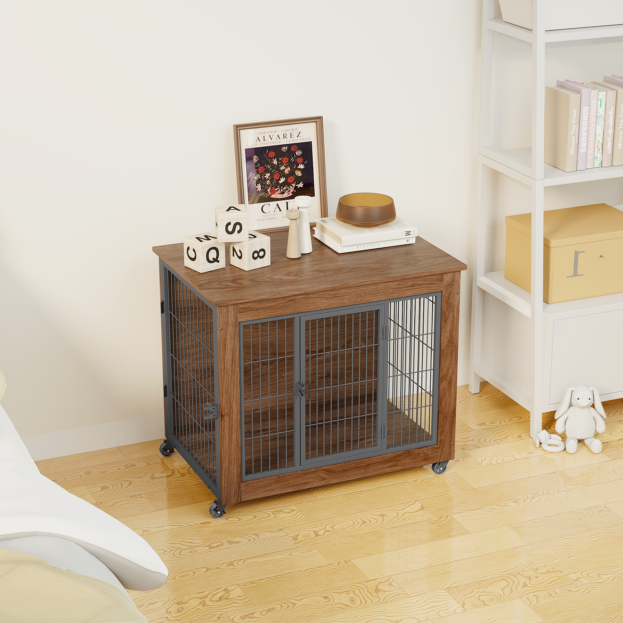Wooden pet crate with wire doors in a room setting