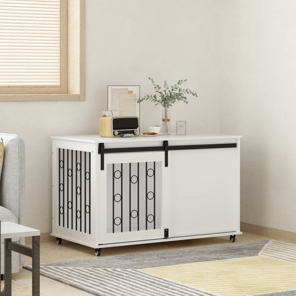 Modern Wooden Dog Crate Furniture with Sliding Barn Door – Indoor Pet Kennel