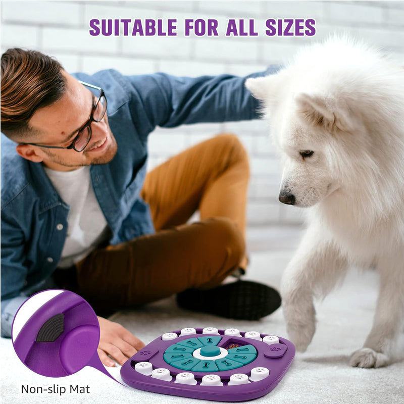 Man playing with a white dog and a purple pet toy on a non-slip mat.