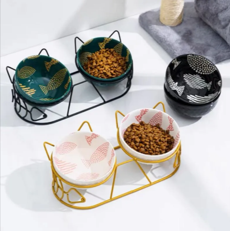 Elevated Ceramic Double Pet Bowl with Cat-Ear Stand