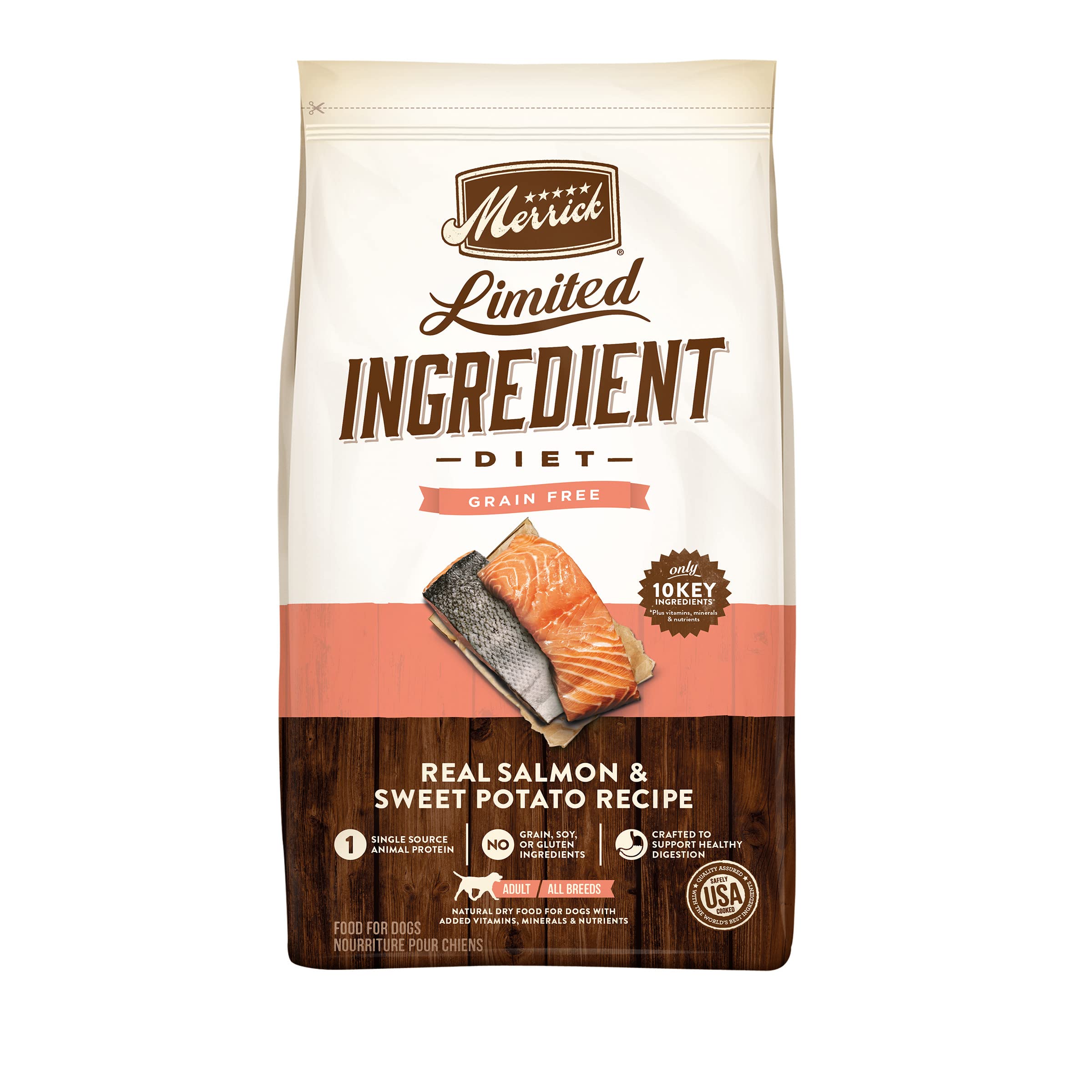Merrick Limited Ingredient Diet dog food package with salmon and sweet potato on a white background