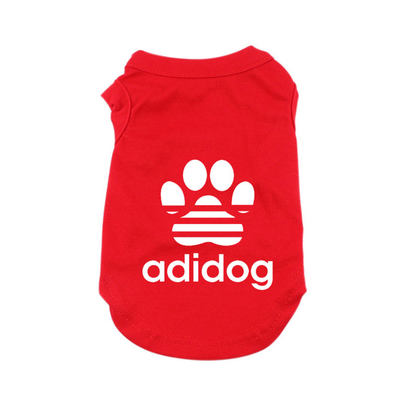 Red pet shirt with white paw print and 'adidog' text on a white background
