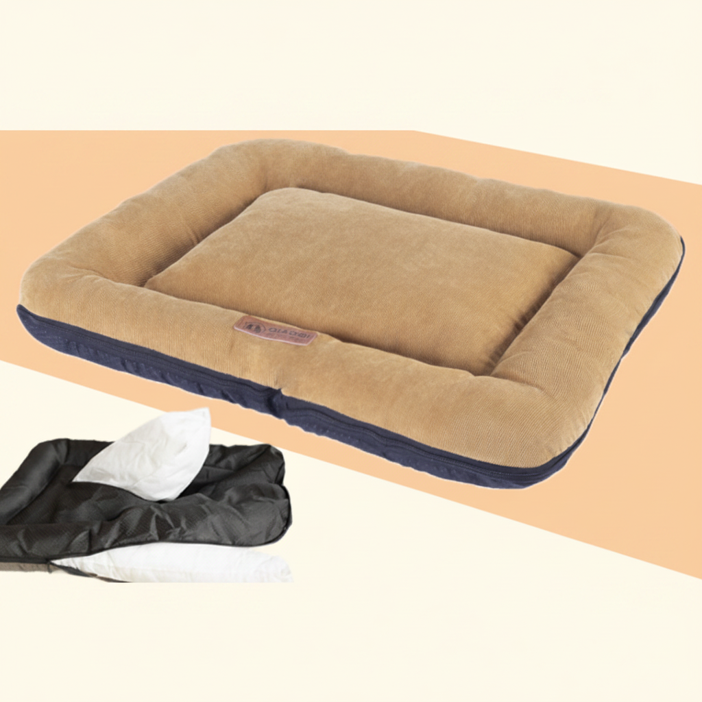Brown pet bed with a visible brand logo on a beige background