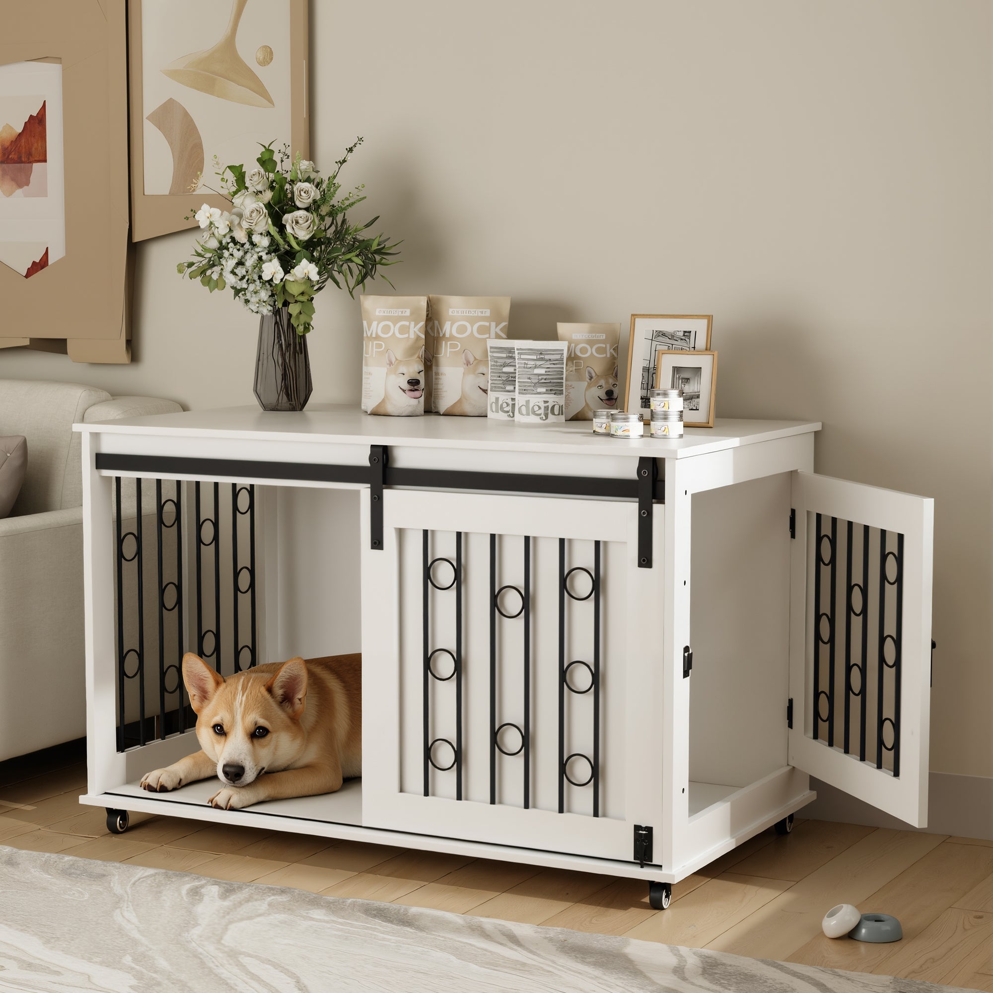 Modern Wooden Dog Crate Furniture with Sliding Barn Door – Indoor Pet Kennel