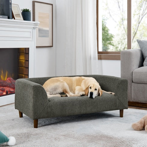 Modern Rectangular Dog Sofa — Linen, Rubber Wood Frame, Backrest & Armrests, Foam Cushion (Dark Grey, 39.5")