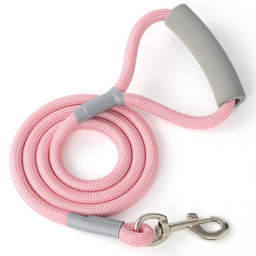 Pink dog leash with gray handles and a silver clasp on a white background