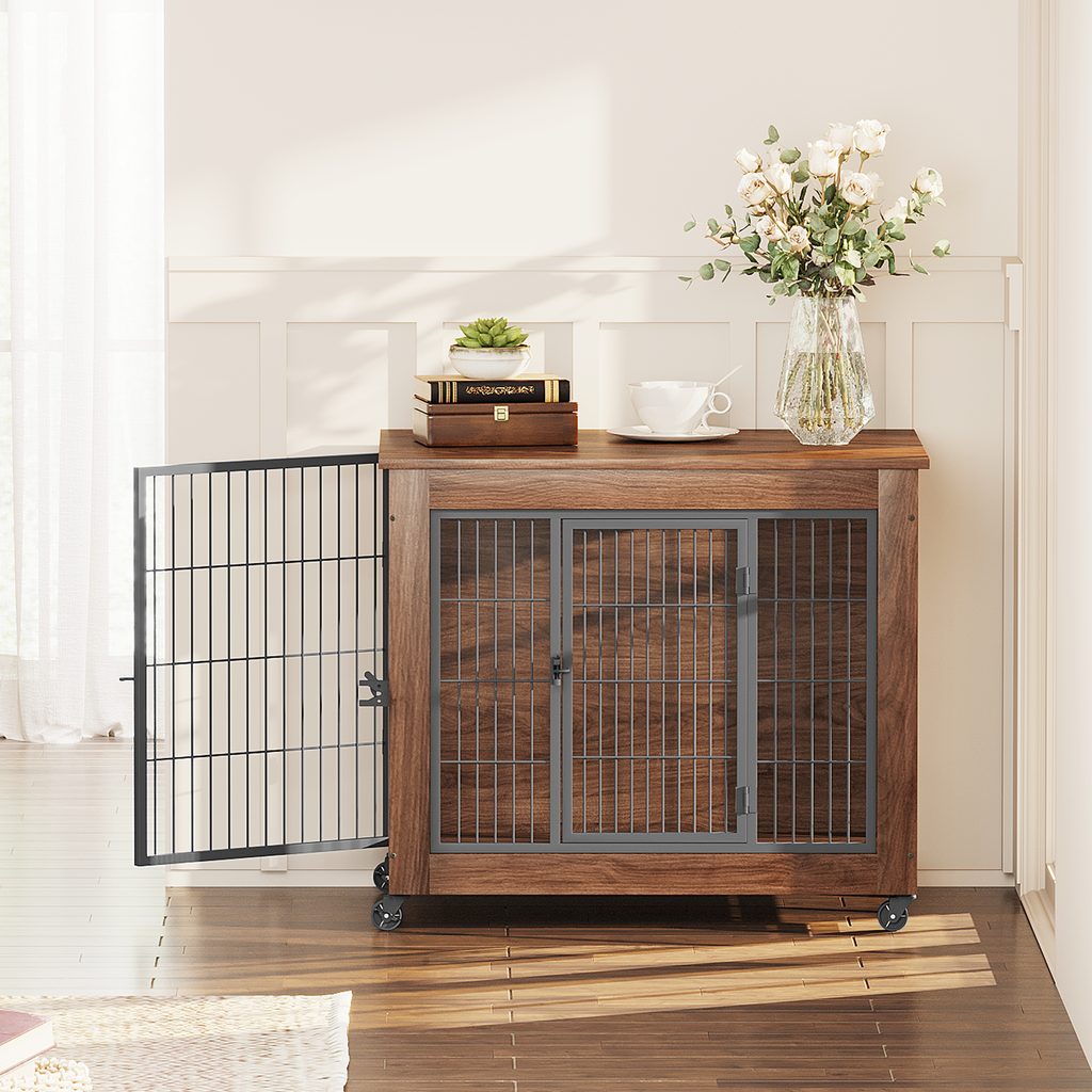 Wooden pet crate with metal doors in a home setting