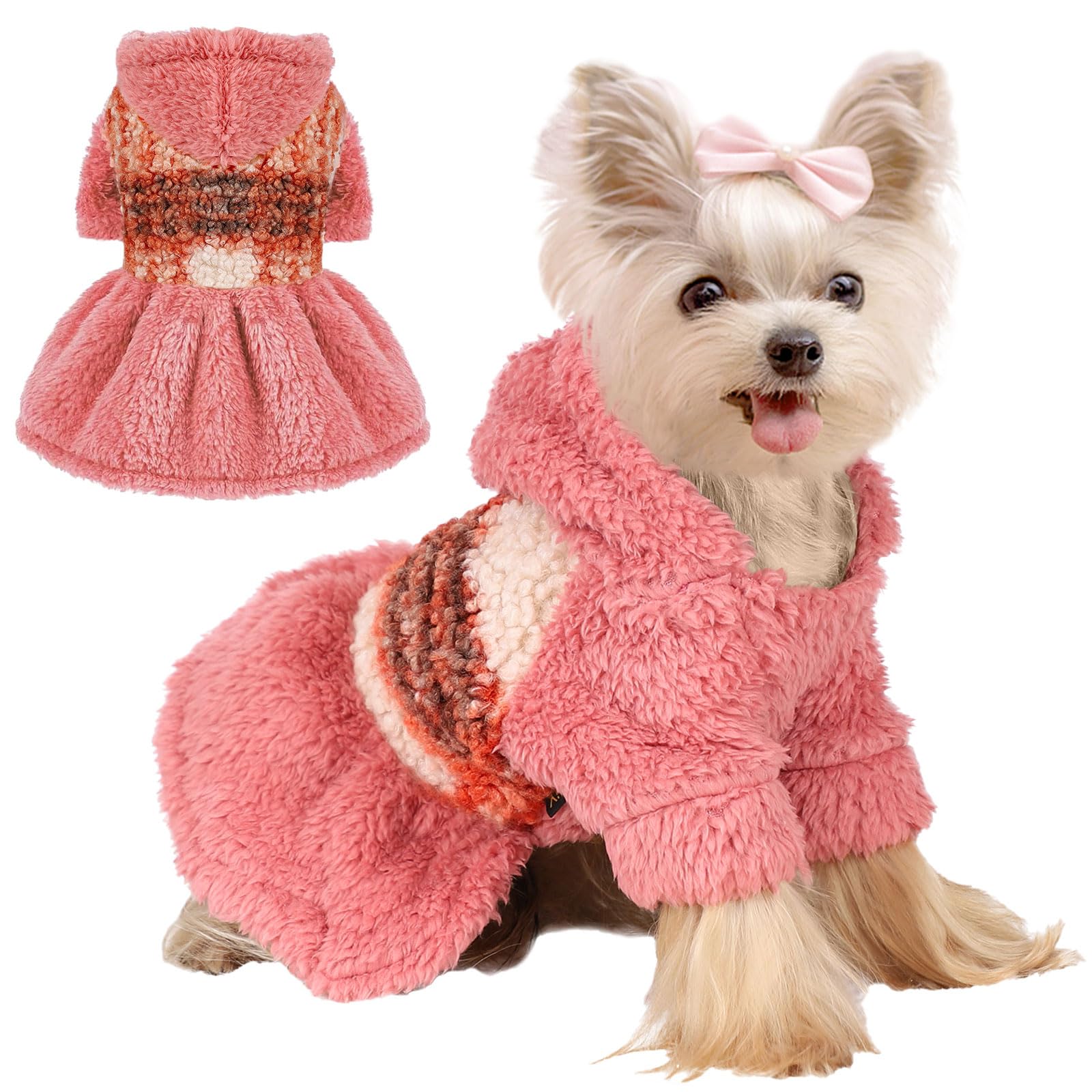 Dog wearing a pink fuzzy outfit with a matching pink bow, on a white background.