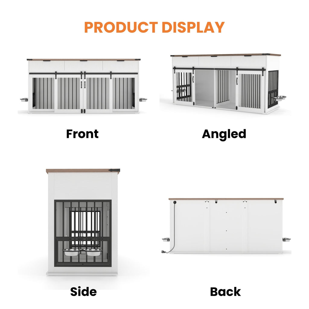 71" Double Dog Crate Furniture with Fluted Drawers, Feeders & Power Station