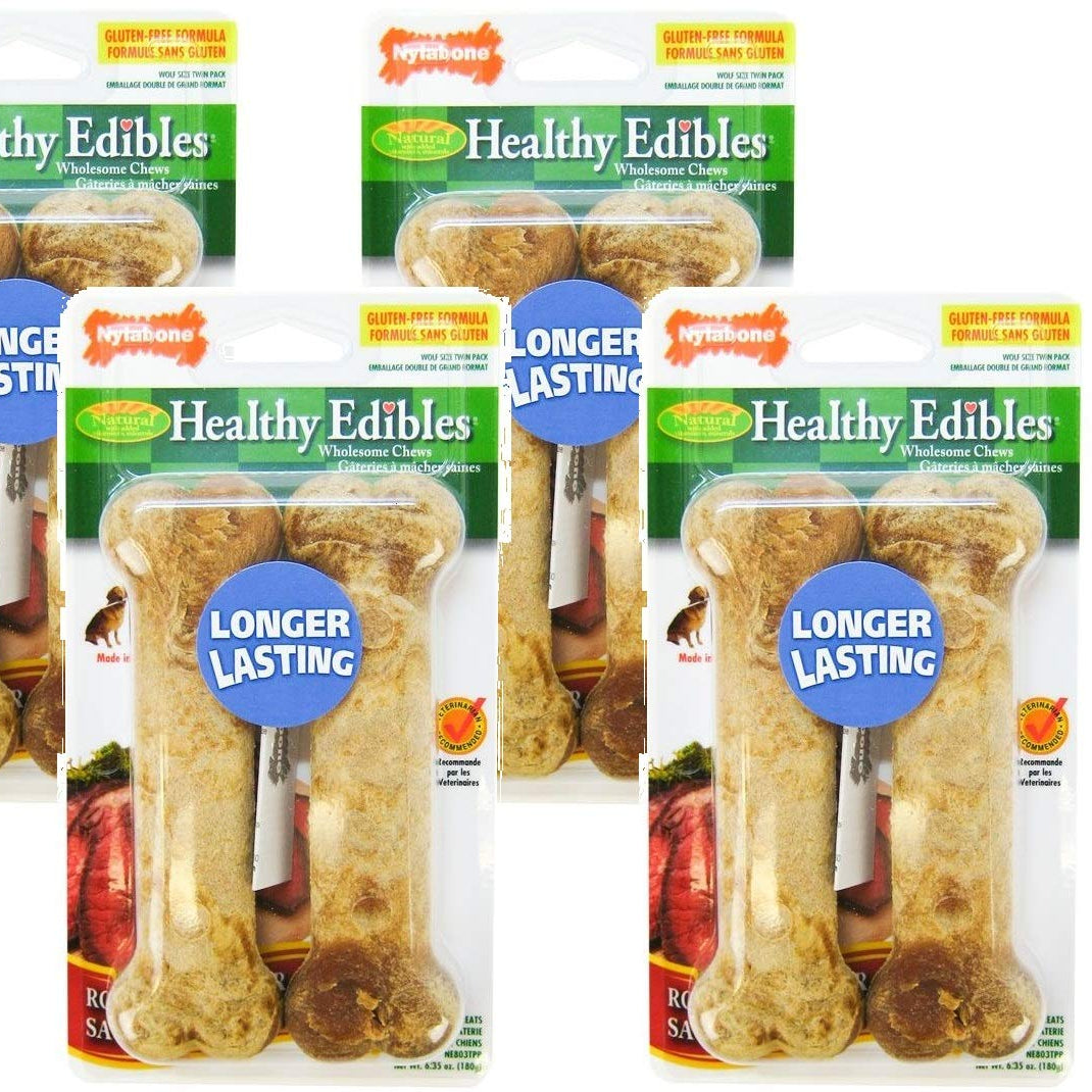 Multiple packages of Healthy Edibles dog treats with visible branding and product details.