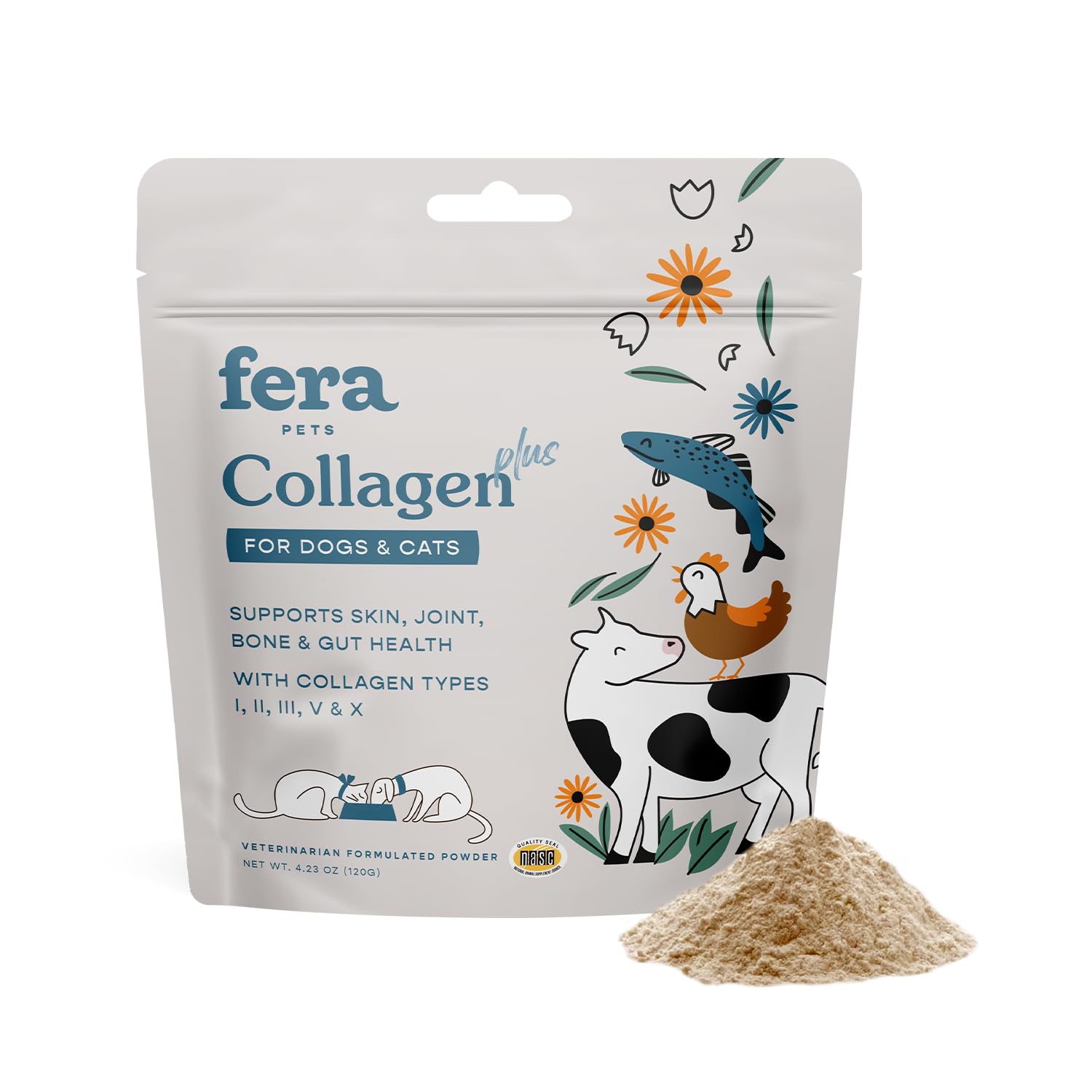 Fera Pets Collagen Plus package for dogs and cats with powder on a white background
