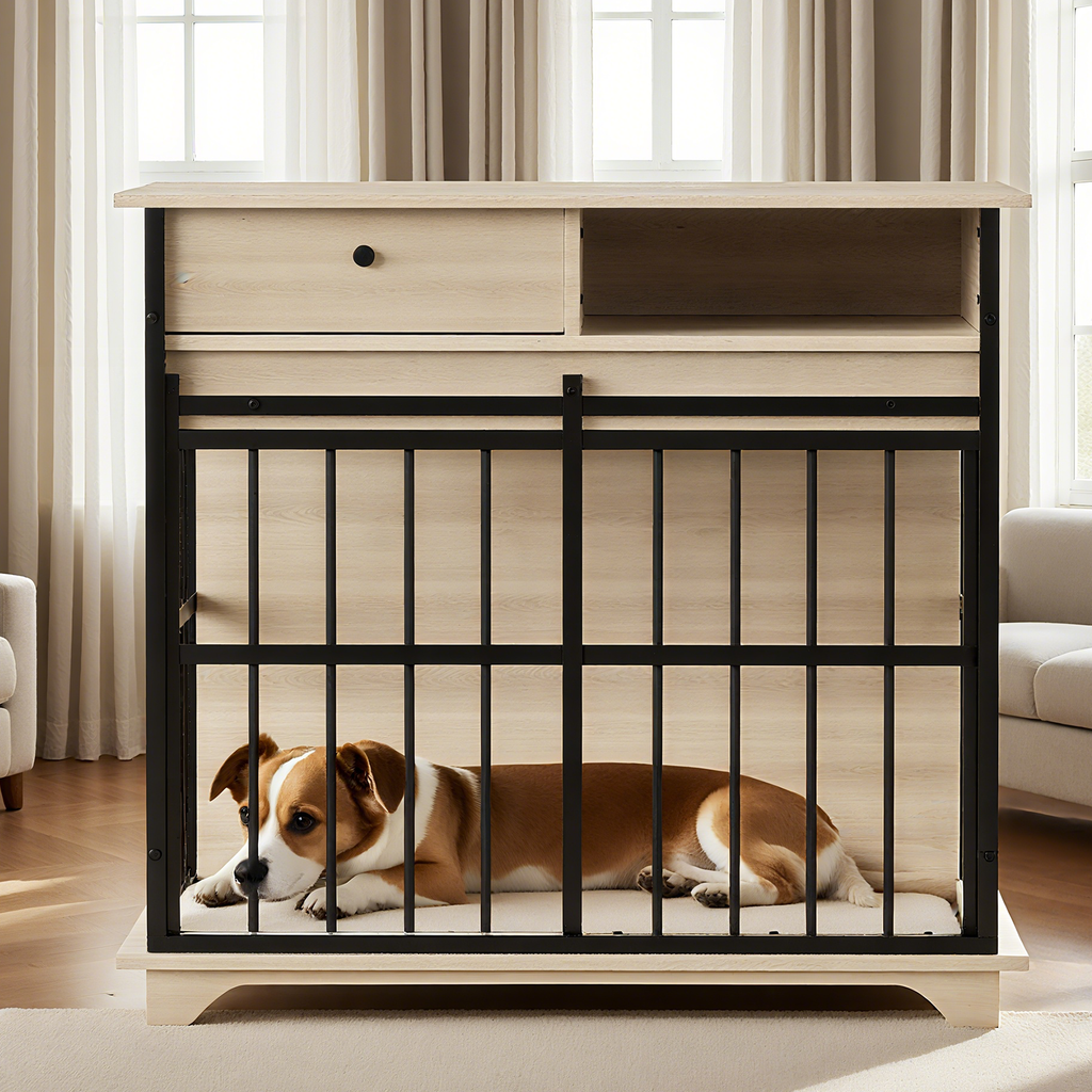 Dog lying on a pet gate inside a room with furniture and curtains.